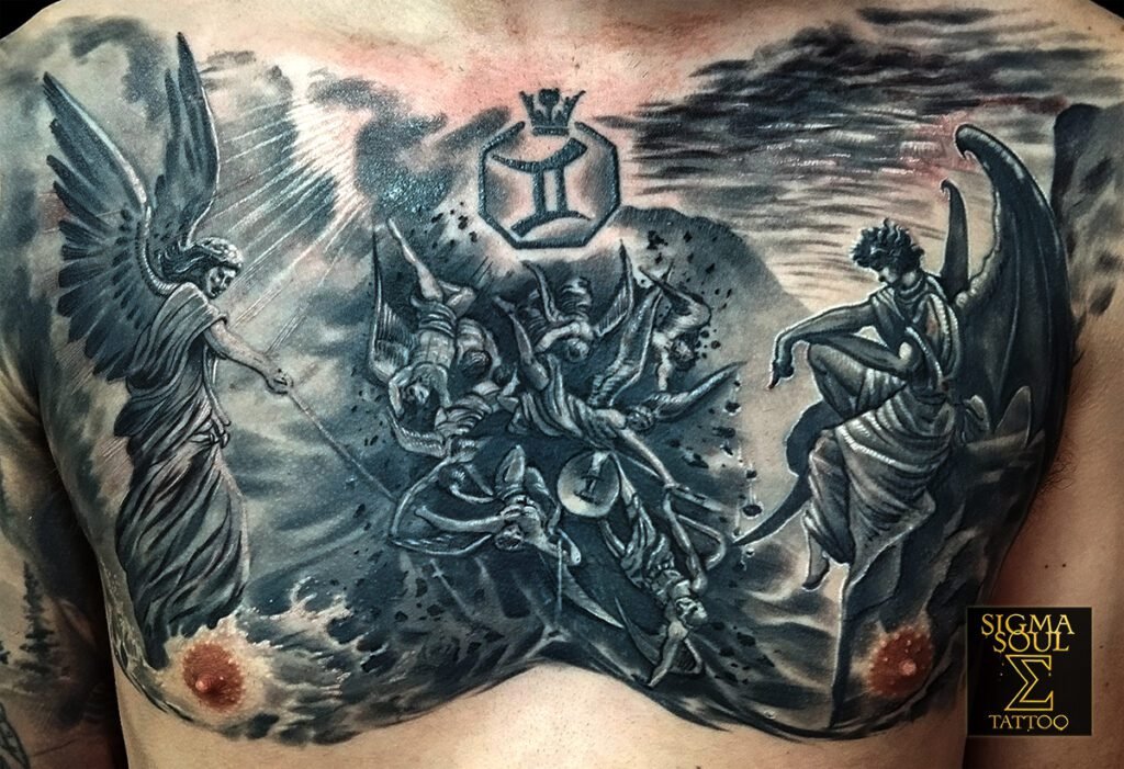 La fuerza que equilibra. En el centro del pecho, el conflicto se vuelve armonía. La luz y la sombra dialogan, no se oponen. Este diseño plasma el instante en que la voluntad supera al caos y la mente alcanza claridad. El símbolo de Géminis une ambos lados: inteligencia, instinto, razón y fuego. Las figuras angelicales rodean la escena con precisión estética y dramatismo controlado. Todo en la composición transmite equilibrio: proporción, contraste y energía medida. El resultado proyecta poder sereno, belleza estructurada y dominio de uno mismo. Un tatuaje concebido para quienes buscan presencia sin exceso, profundidad sin ruido. Descubre más en sigmasoultattoo.com o contacto directo por WhatsApp: 640 119 066.